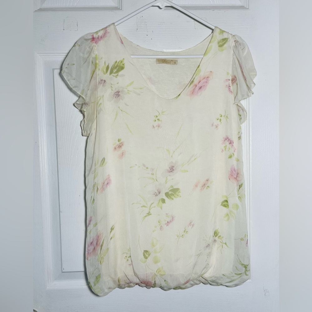 GIUSY Silk Made in Italy Floral Cream and Pink Women's Top Sz S